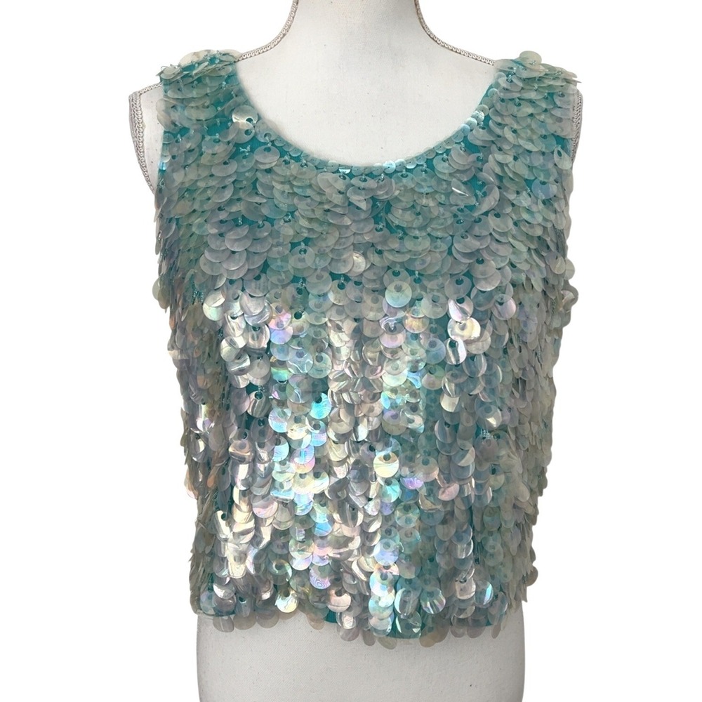 VINTAGE 60's Jeri Jo Large Sequin Irridescent full zip crop top wool sleeveless